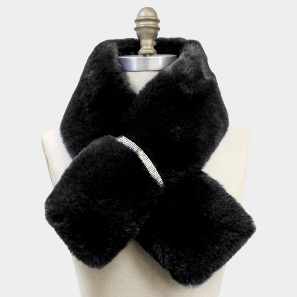 Black Faux Fur Bling Style Pull Through Scarf Collar Winter Fashion Accessory